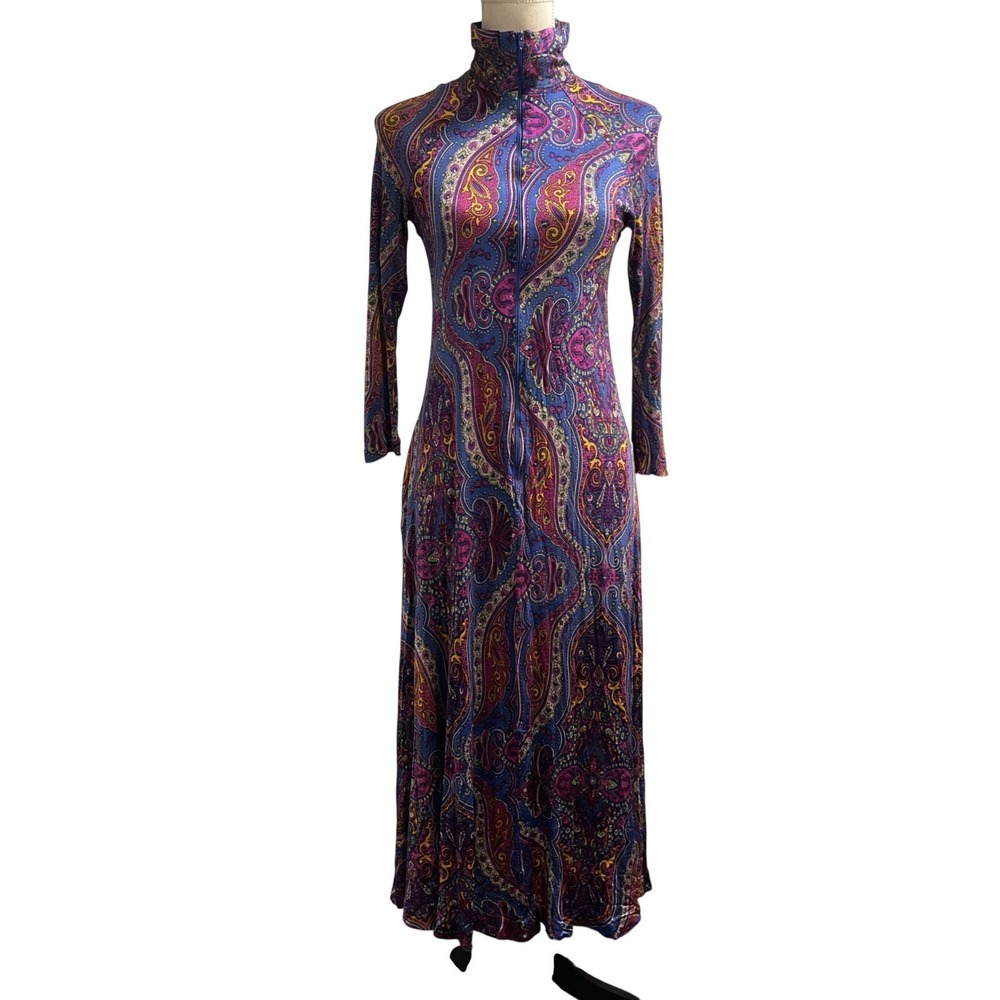 Vintage Sears Dress Blue Purple Paisley Satin Midi 70s Festival Groovy Unique